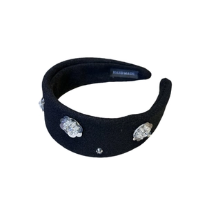French velvet headband with silver sequin flowers and rivets on black wide band