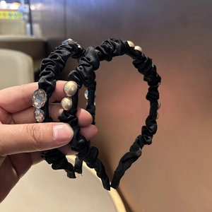 French Style Satin Ruched Headband For Women Elegant Vintage Rhinestone Faux Artificial Pearl Hair Hoop High Top Hair Accessory