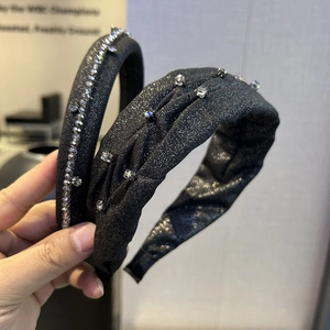 Elegant black scrunchie headband set with grey beads and sparkling crystal embellishments