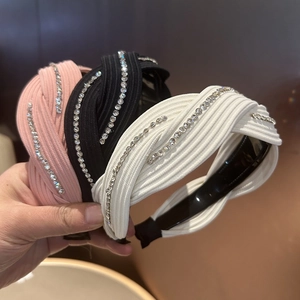 Women Fashion Rhinestone Wide Brim Cross Knot Headband Korean Vintage Ribbed Fabric Anti-slip Hair Band Hair Accessories