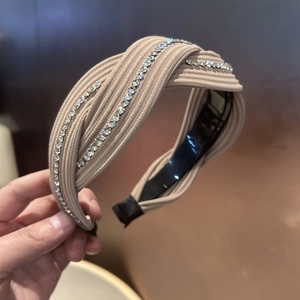 Elegant khaki cross-knot headband with rhinestones and textured fabric for women