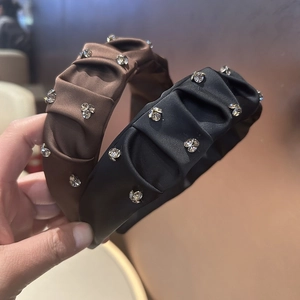 French Vintage Satin Pleated Padded Headband With Rhinestones Elegant High Top Non-Slip Hair Band For Women Daily Hair Accessories