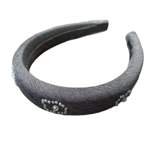 Grey textured fabric headband with pearl CC pattern for elegant high skull top hair look