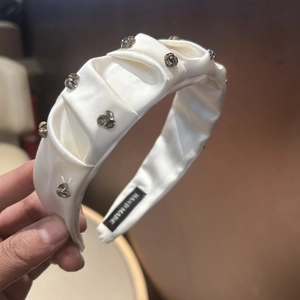 Elegant off-white pleated satin headband with sparkling rhinestones for stylish women