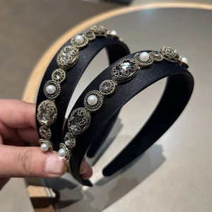 Barock Vintage Strass Künstliche Perle Breiter Haarreif Für Damen Luxus Schwarz Satin Legierung Kristall Haarschmuck Party Mode