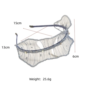 Detailed view of handmade crystal beaded headband with mesh structure and dimensions