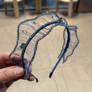 Handmade woven mesh headband with blue crystal beads and luxurious rhinestone accents
