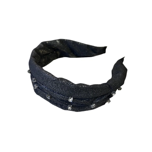 Sparkly dark blue denim fabric headband with square rhinestones for elegant hair styling