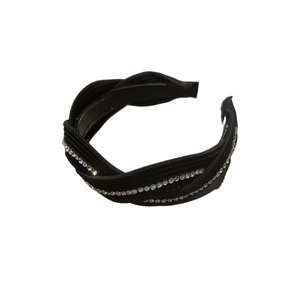 Elegant black twist headband with three rows of sparkling rhinestones and non-slip comb