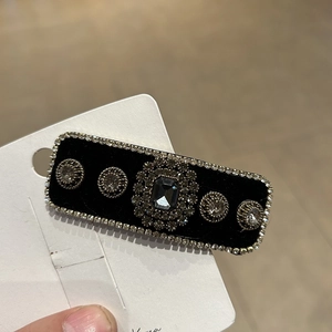 Elegant black velvet hair clip with rectangle rhinestone and crystal accents for women