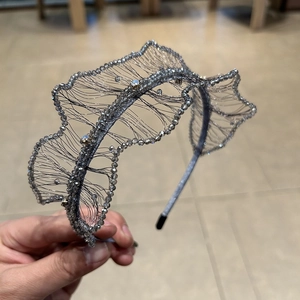 Handmade silver and gray crystal beaded headband with woven mesh design for women