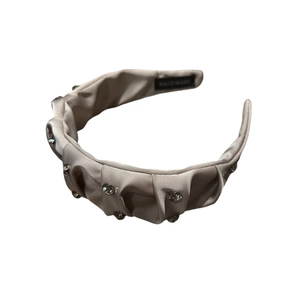 Elegant champagne satin pleated headband with rhinestones for a high top hair look
