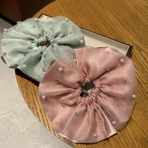 Elegant double-layer mesh scrunchies with pearls and rhinestones in green and pink colors