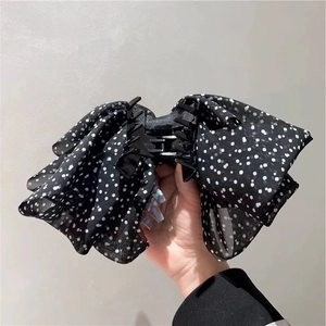 Vintage black polka dot mesh bow hair claw clip for women's elegant hairstyling