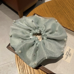 Light green double-layer mesh hair scrunchie with white pearls and silver rhinestones