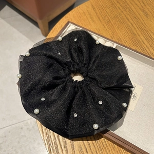 French style oversized black tulle scrunchie with pearls and glitter crystals for women