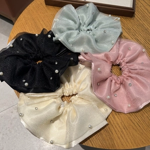 Large Mesh Organza Scrunchies For Women French Style Faux Artificial Pearl Rhinestone Double Layer Jumbo Hair Ties Hair Accessories