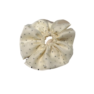 Cream polka dot organza hair scrunchie with white pearls for women's elegant hairstyle