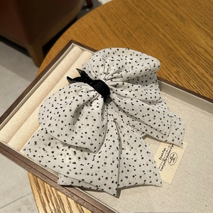 Vintage retro polka dot mesh bow hair claw clip for women in elegant white and black