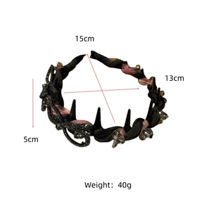Dimensions détaillées du serre-tête plissé noir et rose avec strass et peigne à dents