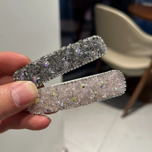 Elegant square rhinestone hair clips in grey and pink with metal bead chain trim