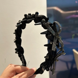 Elegant Black Satin Bow Hairband Rhinestone Bead Accents Vintage Style Hair Hoop For Women Fashion Accessories