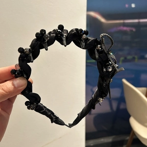 Elegant black woven headband with crystal beads and rhinestones for women hair styling