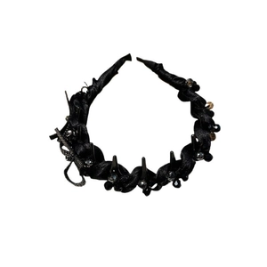 Elegant black satin headband with faceted beads and anti-slip teeth for women