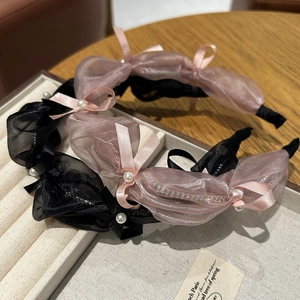 Elegant set of two organza mesh rose headbands with pearls and ribbons for women