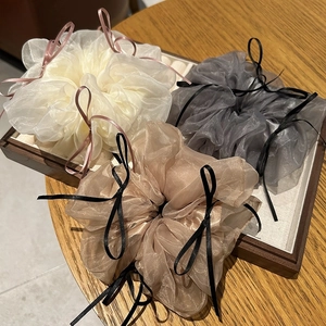 Ballet Style Organza Mesh Scrunchie With Ribbon Bow Large Hair Tie Handmade Sweet Hair Ring For Women Girls Accessory