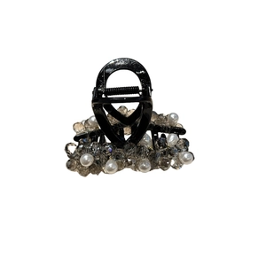 Elegante pinza per capelli vintage nera con cristalli grigi e perle bianche