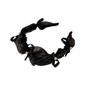 Elegant black organza pleated headband with white pearls and small ribbon bows