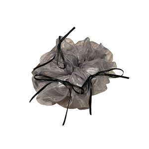 Elegant silver grey organza scrunchie with black ribbon bows for ballet style hair styles