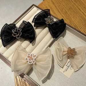 Elegant Mesh Bowknot Hair Clip Handmade Rhinestone Flower Hairpin Spring Clip Stylish Headwear For Women Daily Dating Party Accessoies