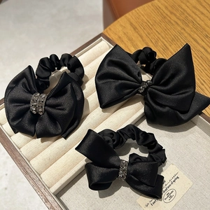 Elegant Black Satin Bow Scrunchie With Rhinestone Handmade Korean Style Elastic Hair Tie For Women Hair Accessories