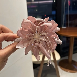 Elegant pink silk flower hair claw clip with exquisite crystal bead embellishments