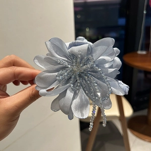 Elegant light blue 3D fabric flower hair claw clip with crystal bead tassels for women