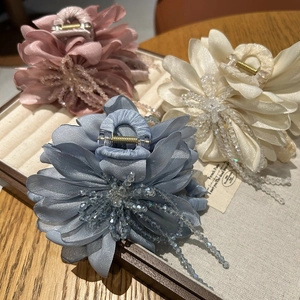 Elegant French Style 3D Satin Flower Hair Claw Clip Large Acrylic Shark Clip With Artificial Pearl Rhinestone Tassel For Women Fashion Hair Accessories