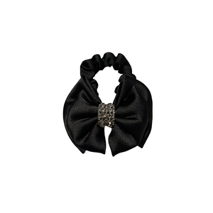 Elegant black satin bow hair tie with sparkling double-row rhinestones for ponytail style