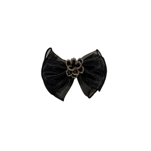Elegant black mesh bow hair clip with central crystal flower and gold metal trim