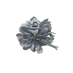 Elegant light blue silk flower hair claw clip with beaded tassels and pearl accents