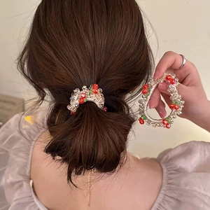 Handmade Cherry Crystal Beaded Scrunchie Dual Use Hair Tie Bracelet For Women Sweet Fruit Design Elastic Beaded Hair Ring Accessory