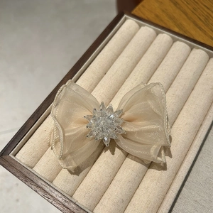 Détail du nœud en organza champagne avec fleur en cristal sur coffret bijoux