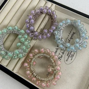 Korean Iridescent Beaded Hair Tie For Women Girls Handmade Elastic Resin Pearl Scrunchie Fresh Sweet Hair Accessories Jewelry