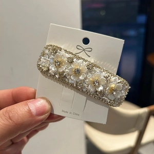 Vintage Alloy Flower Hair Clip With Rhinestone Faux Artificial Pearl Elegant Rectangular Barrette Korean Style Women Hair Jewelry