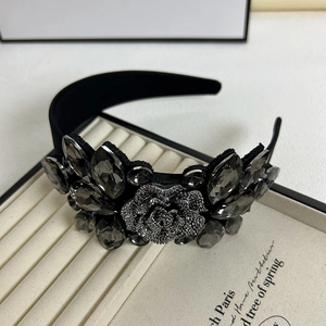Luxury baroque wide headband with grey crystals and silver rose on black velvet
