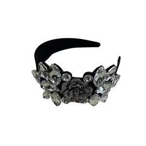 Baroque crystal headband with black padding and large rhinestones with a central rose