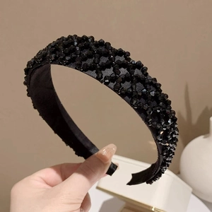 Serre-tête Large Perlé Noir Vintage Pour Femme Avec Cristal Artificiel Satin Rembourré Accessoires Cheveux Fête Mariage