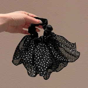 French style double-layer black scrunchie with white polka dot mesh and tulle design