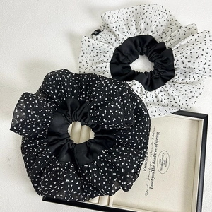 Vintage Polka Dot Chiffon Scrunchies Elegant Oversized Hair Ties Pleated Elastic Hair Bands French Style Women Hair Ties